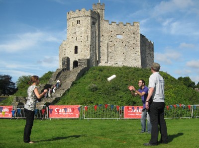 The "cheese tossing" contest outside Cardiff Castle. Photo by Sarah Zielinski.