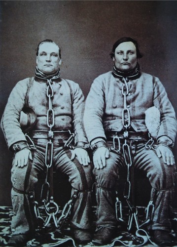 Two Australian convicts photographed in Victoria c.1860. Between 1788 and 1868, Britain shipped a total of 165,000 such men to the penal colonies it established on the continents’ east and the west coasts. During the colonies’ first quarter-century, several hundred of these men escaped,  believing that a walk of as little as 150 miles would take them to freedom in China.